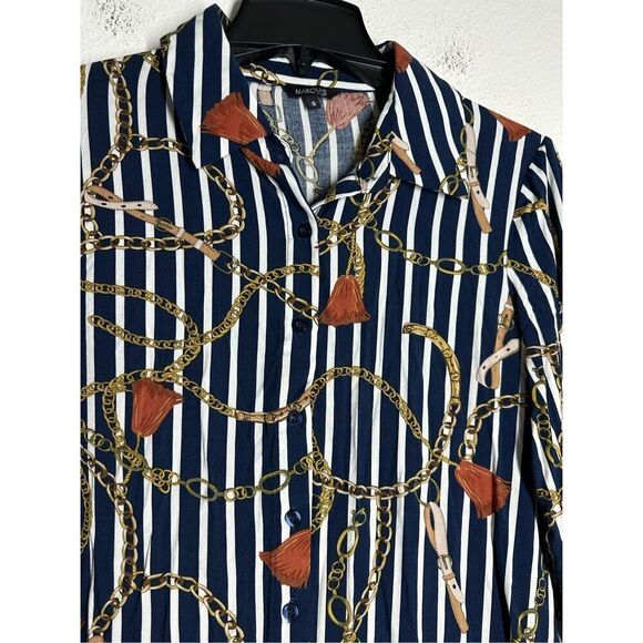 Marquis Women’s Blouse Size S Blue Brown Chain Pattern Button Down Long Sleeve - Picture 2 of 14